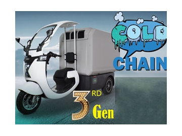 Triciclo elétrico de carga com baú refrigerado